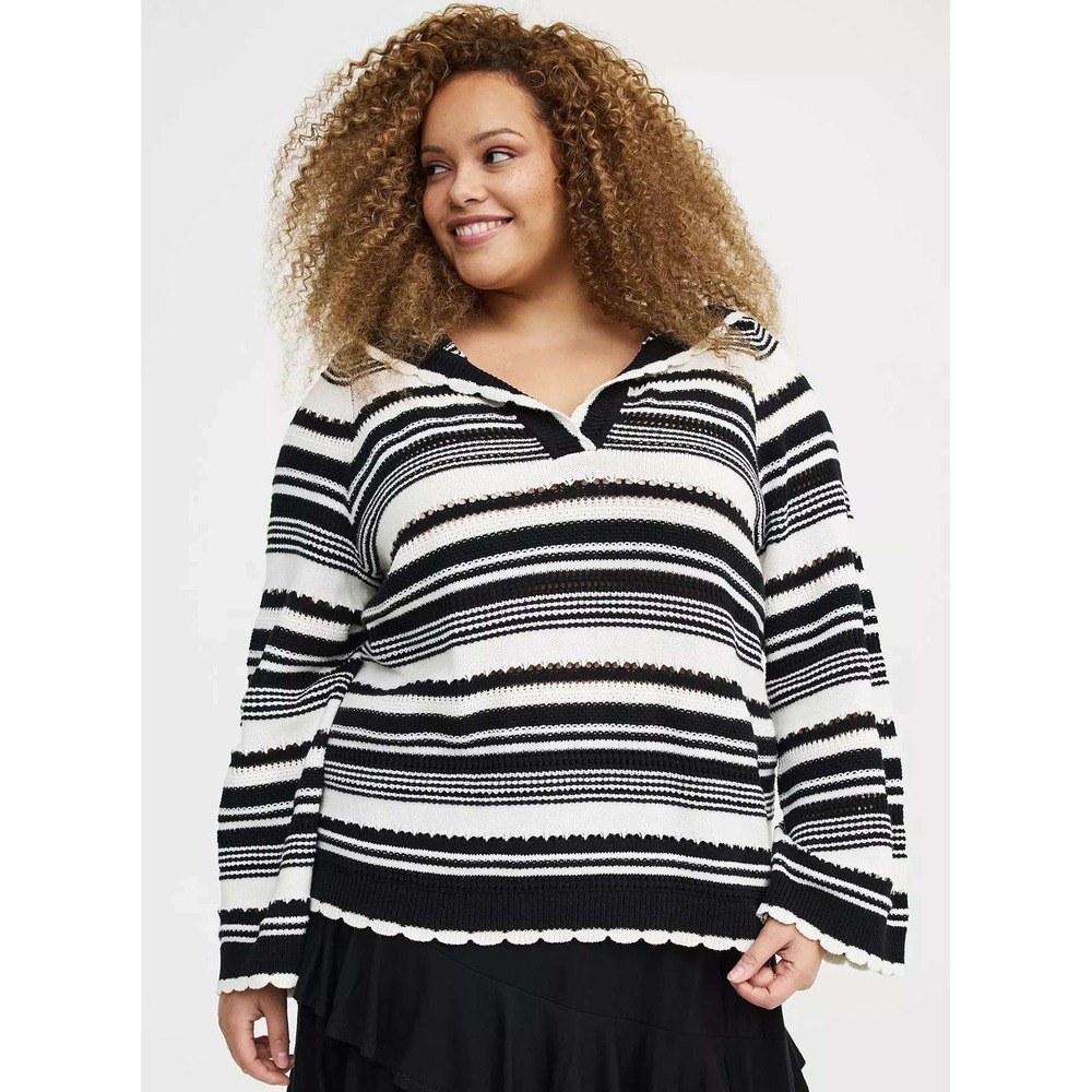 Torrid Pointelle Hoodie Sweater 1X Black White‎ Stripe Cotton Blend NWT 2025